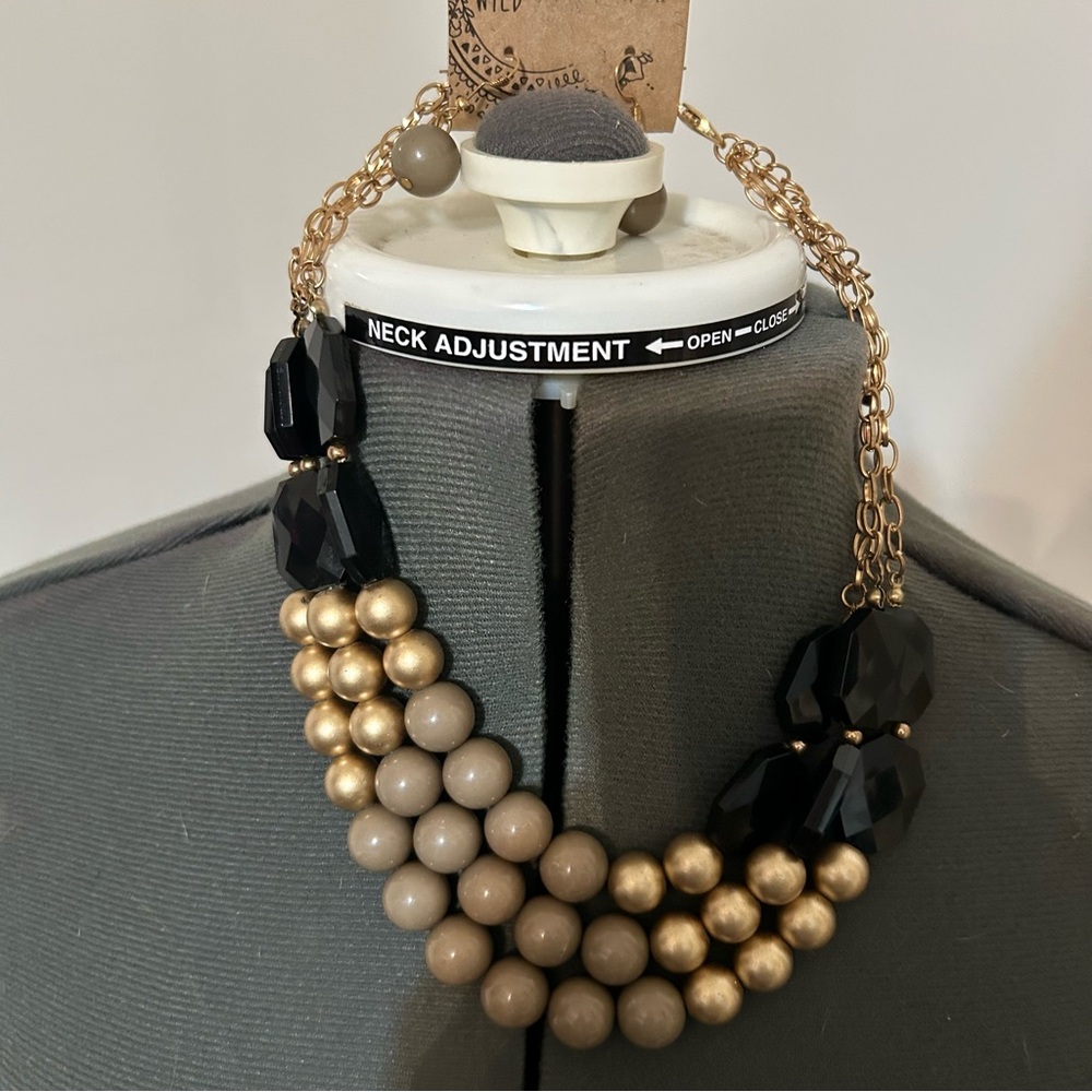 You & I Gold tone, beige and Black Beaded Necklace and earrings set